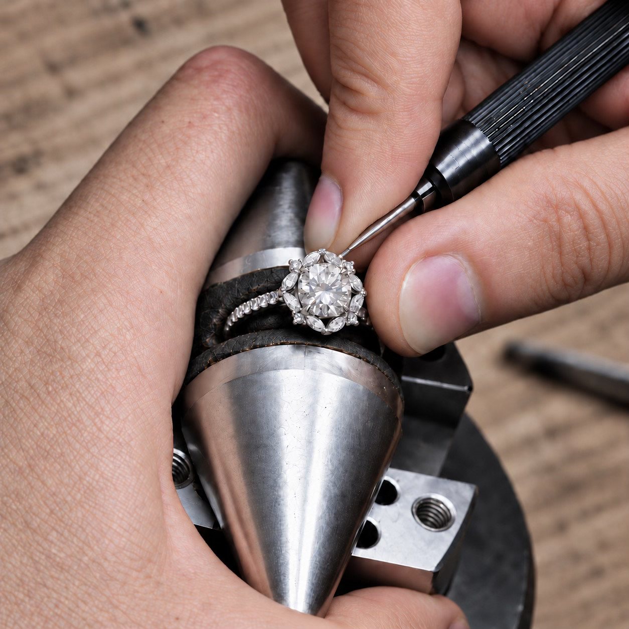 Sertisseur fixant un diamant sur une bague