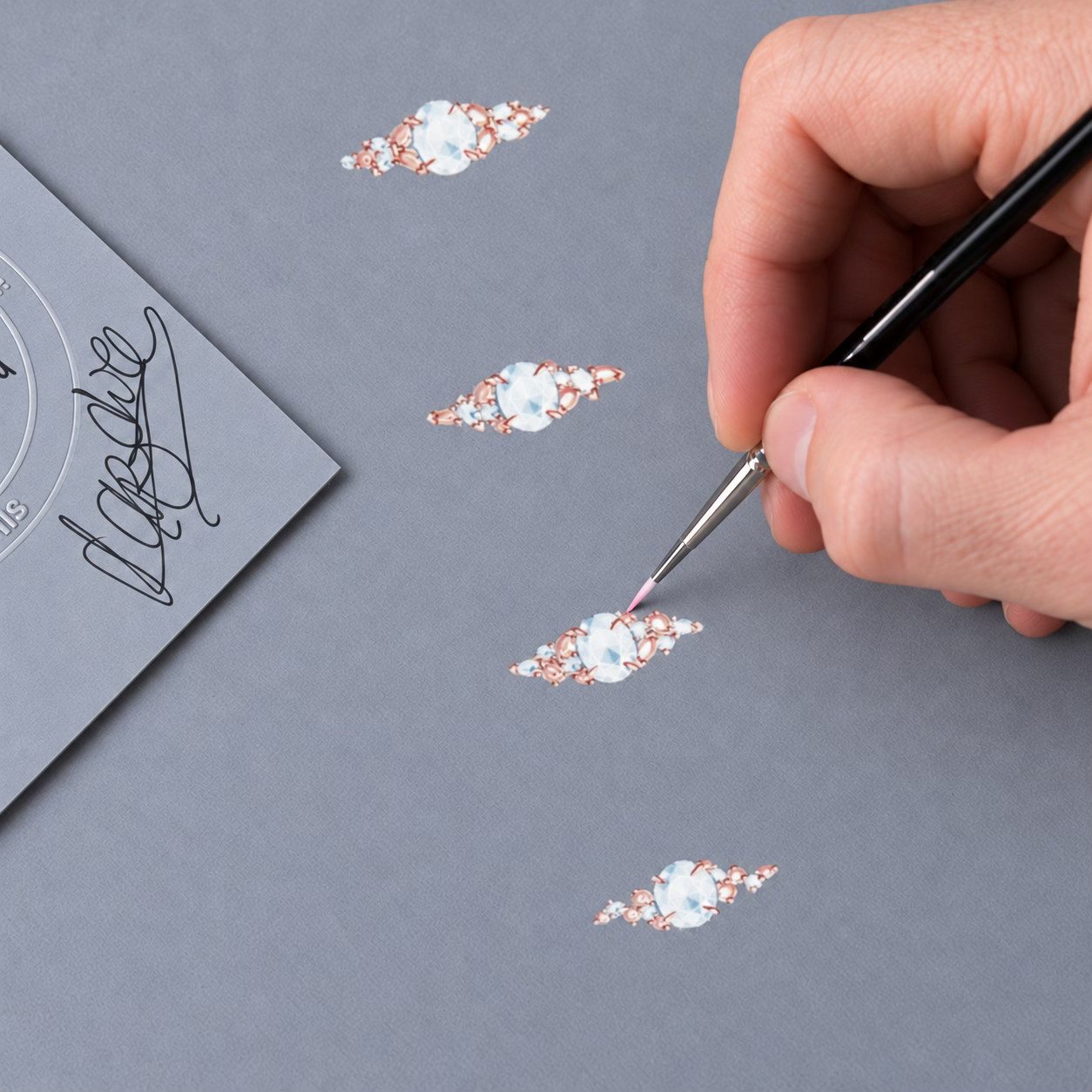 Dessin gouaché de bagues en cours de réalisation