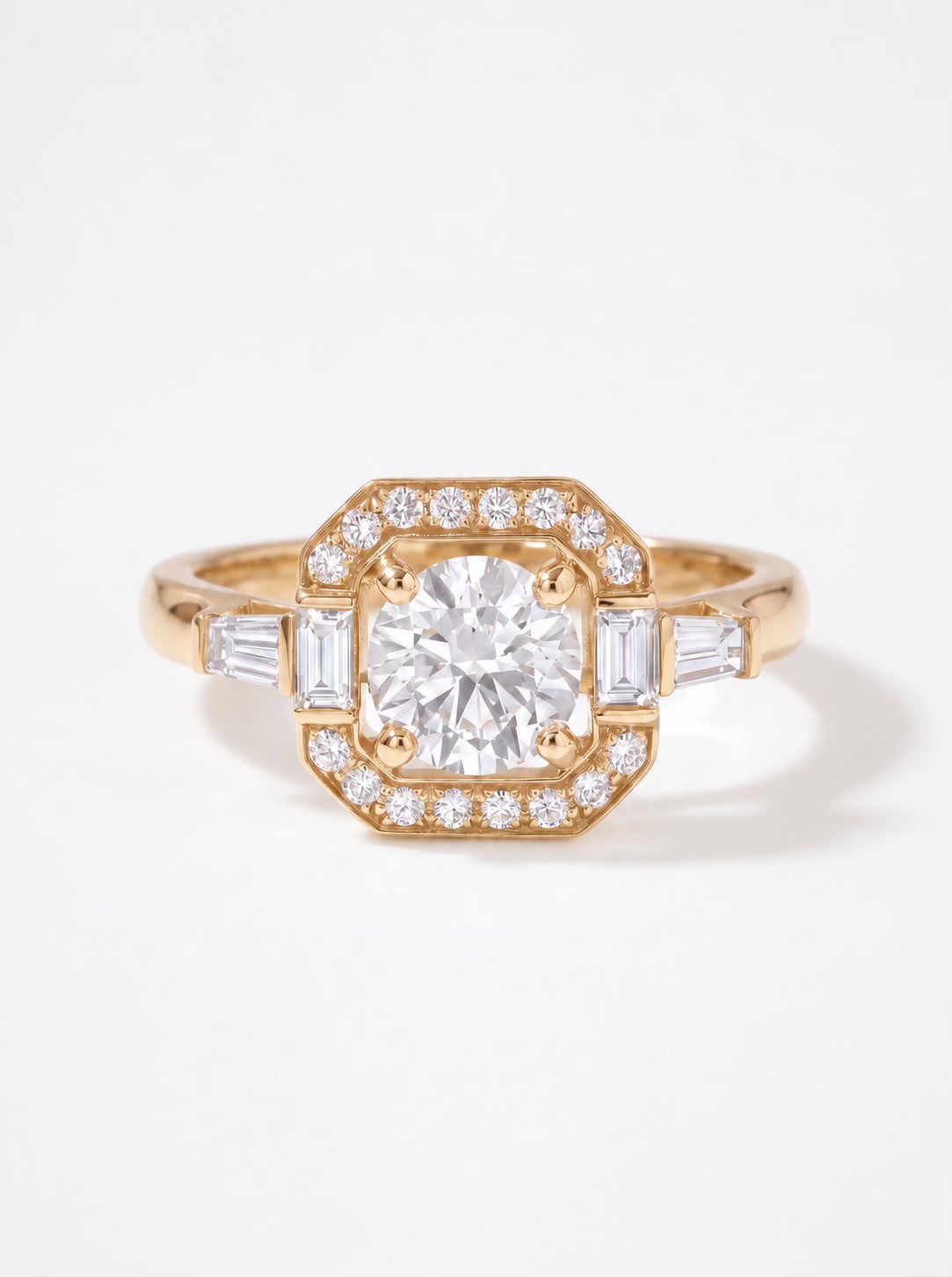 Bague or jaune entourage octogonal
